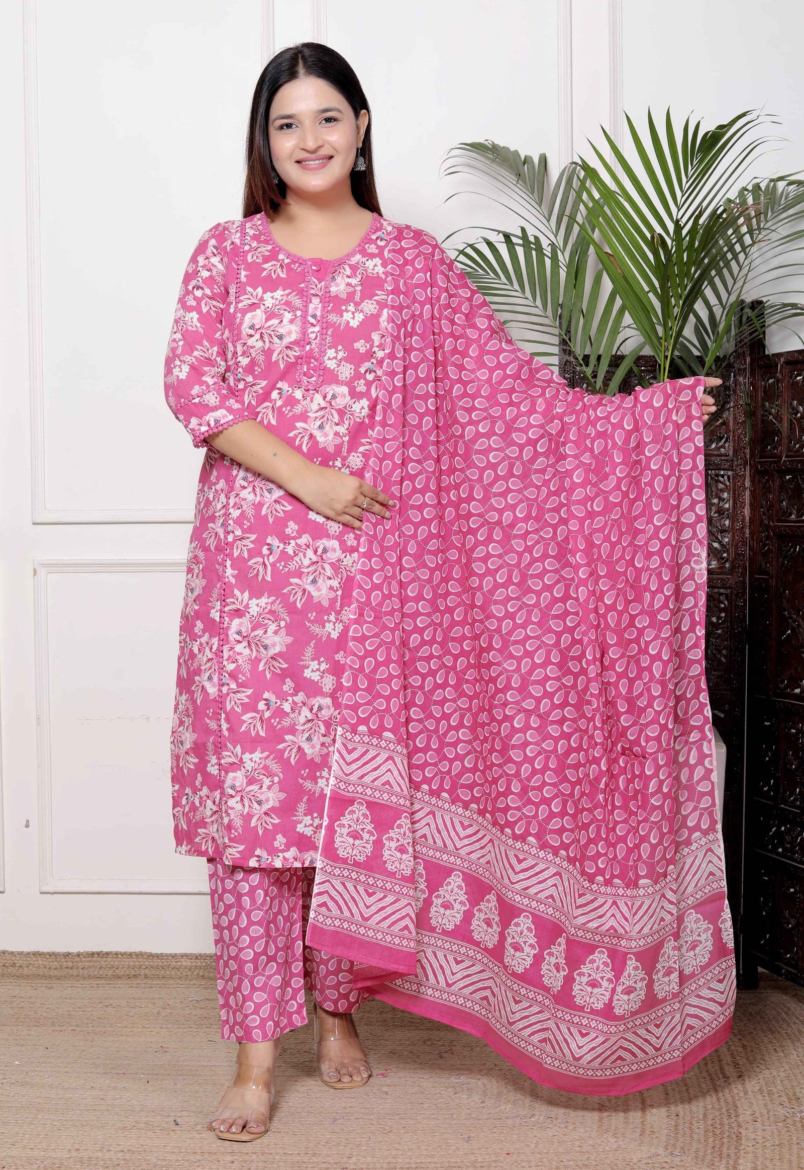 “Breathe Easy in Bloom: Pink Floral Printed Cotton Suit Set”